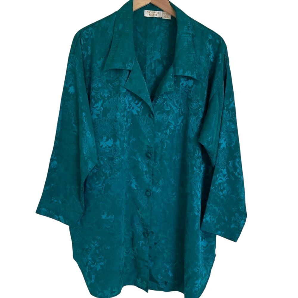 Vintage Victoria's Secret Sleep Shirt Womens Size M/L‎ Green Button Front